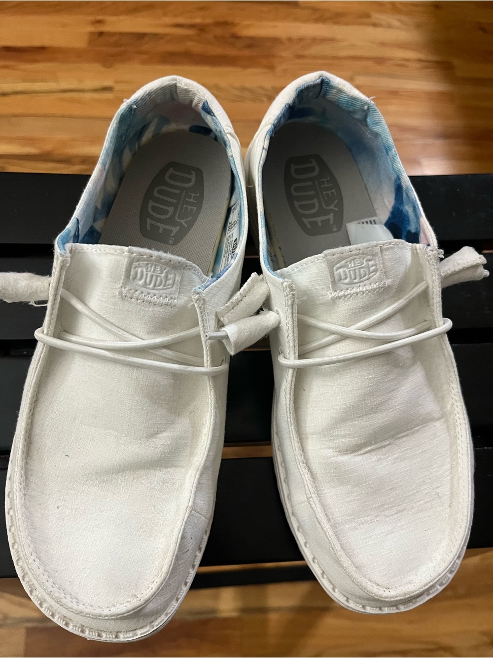 Hey Dude Women’s White Canvas Slip-On Loafers with Blue Printed Lining